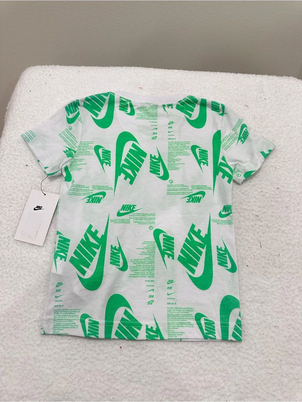 Boy’s Nike White Tee with Bright Green Allover Logo Print